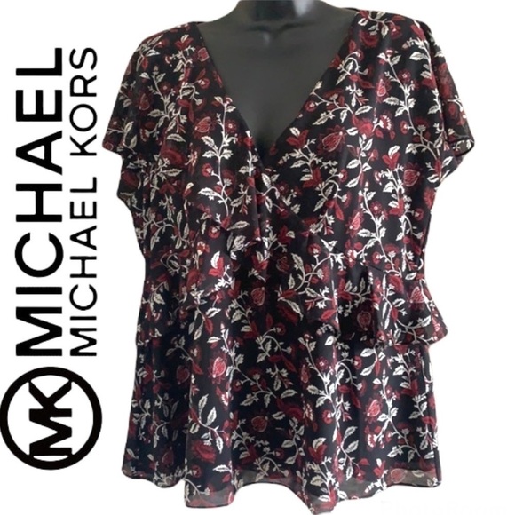 Michael Kors Black/Red And White Floral Print Layered Blouse Size L - Picture 1 of 10